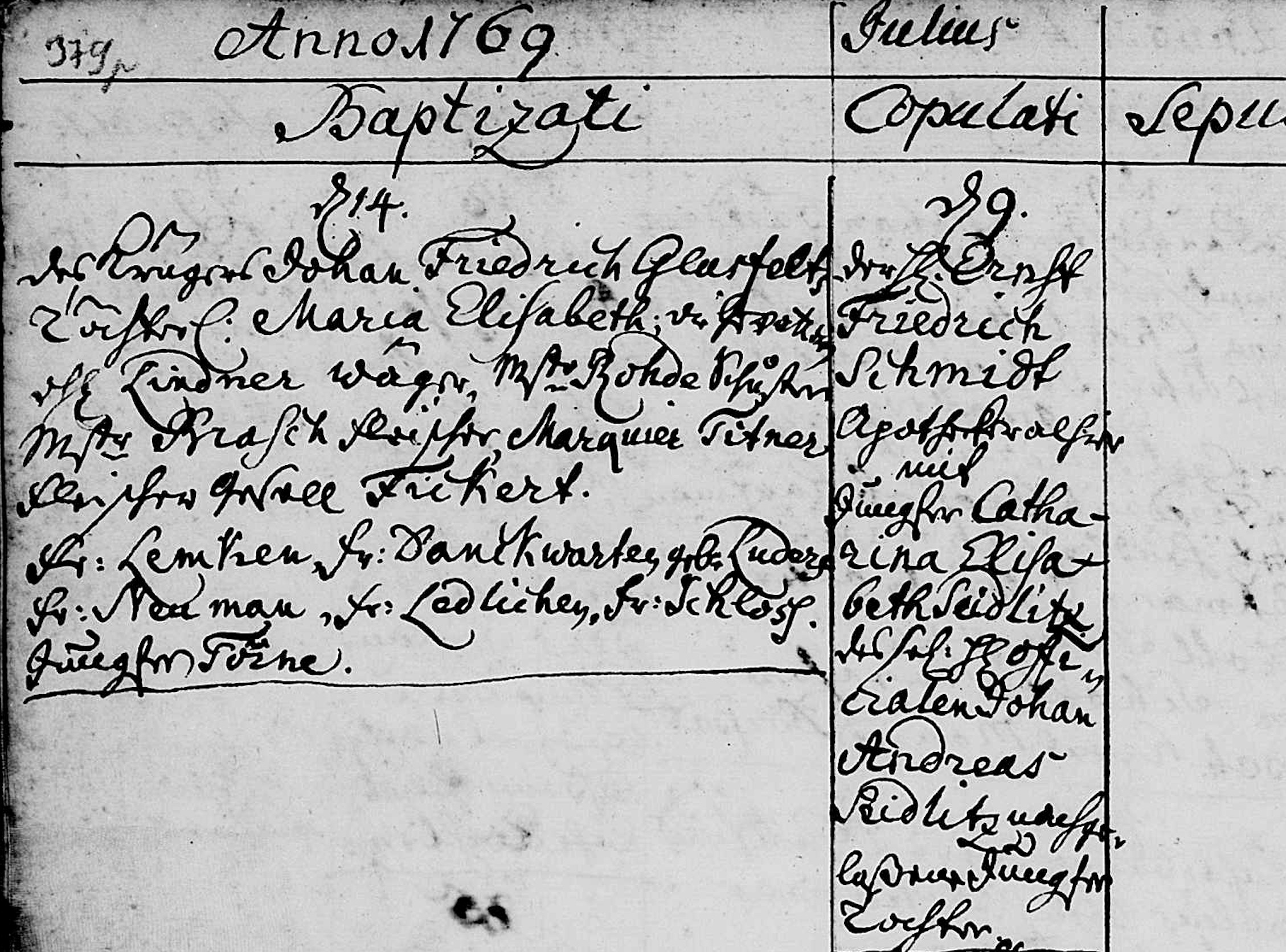 Ernst Friederich Schmidt og Catharina Elisabeth Seidlitz' vielse i Narva 9. juli 1761